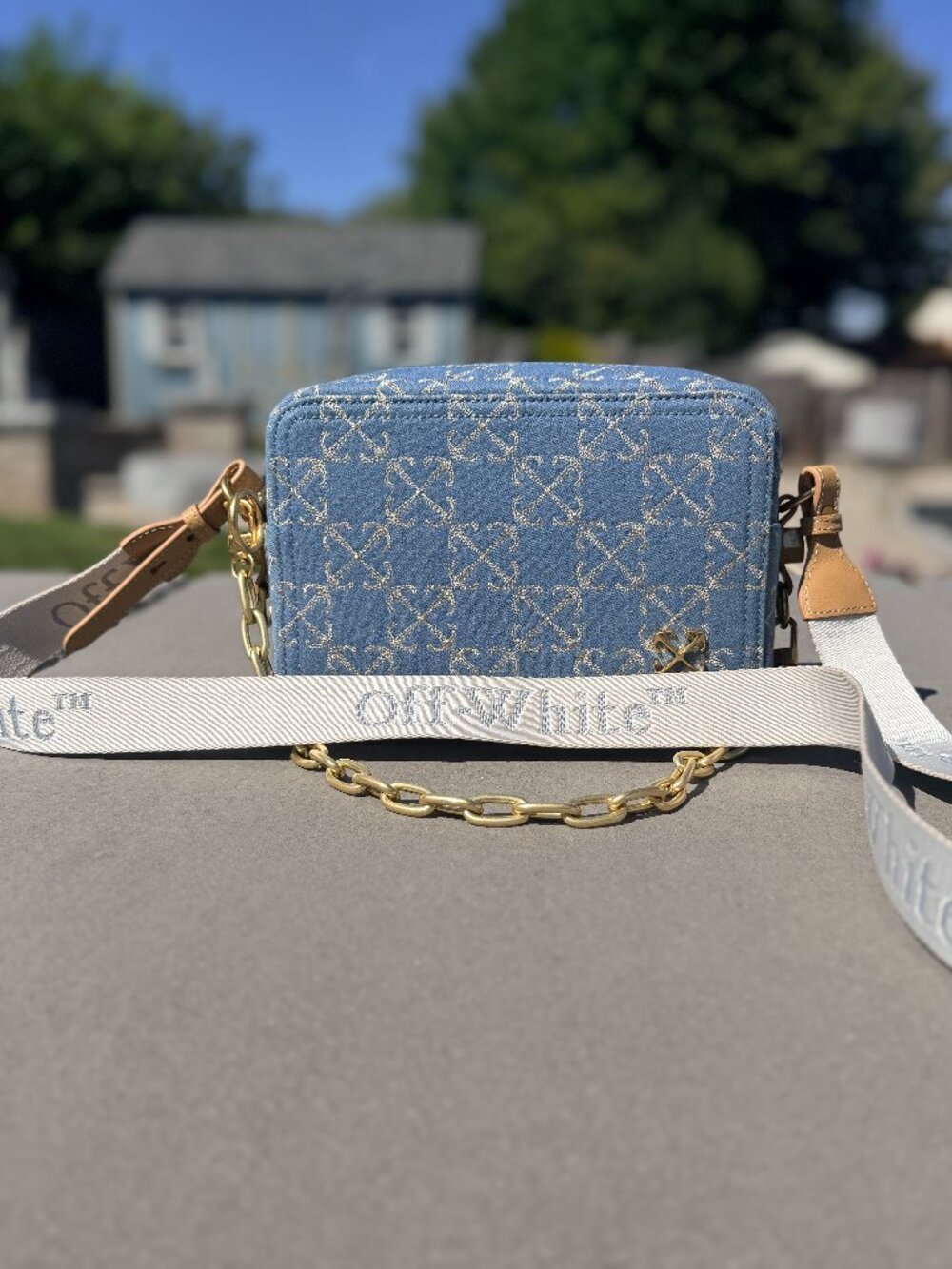 ✨ Authentic Off-White™ Denim Monogram Camera Bag | Gold Chain | Logo Strap | MUS